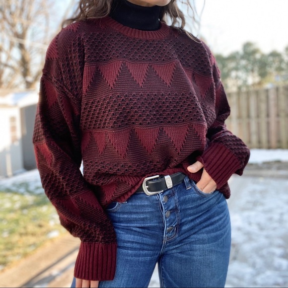 Vintage Sweaters - Vintage Burgundy Patterned Sweater